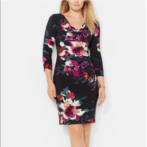 Lauren Ralph Lauren Dresses & Skirts - Lauren Ralph Lauren Floral Drape Neck Fitted Jersey Dress Size 8 Petite